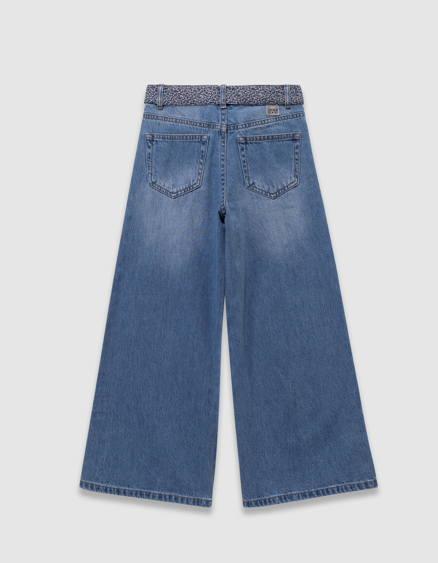 jeans blu a gamba larga per bambine con cintura leopardata