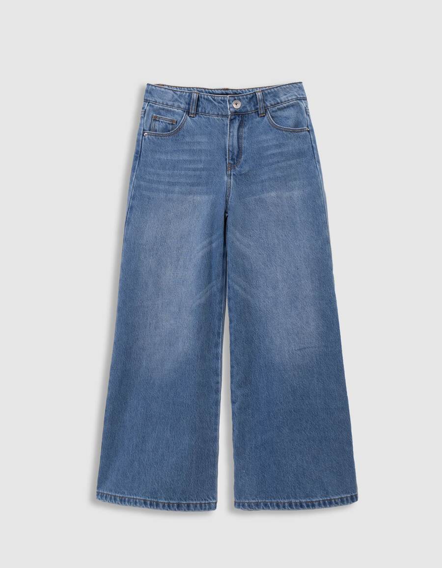 jeans blu a gamba larga per bambine con cintura leopardata