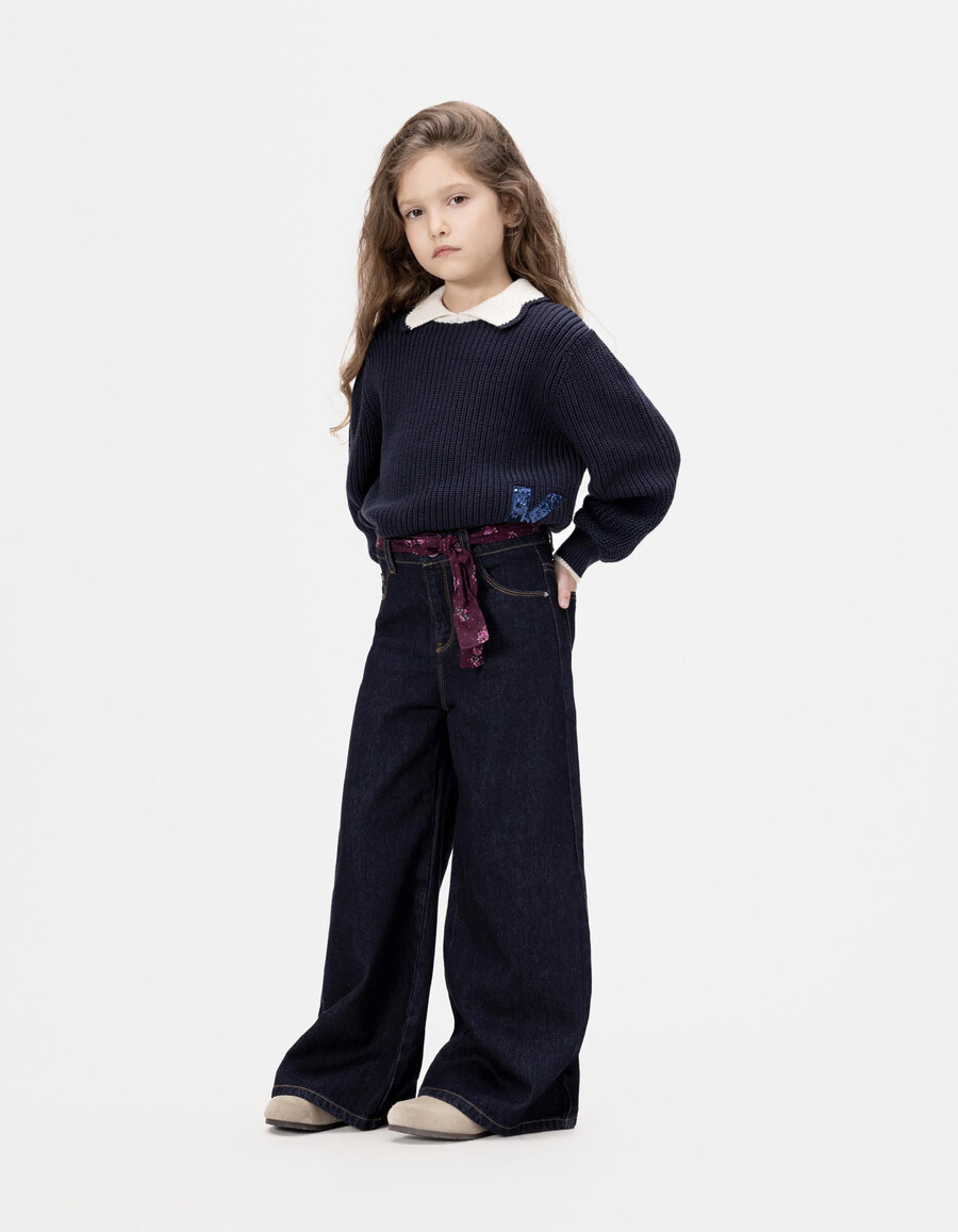 jeans blu a gamba larga per bambine con cintura a forma di sciarpa a bouquet