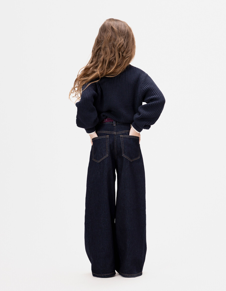 jeans blu a gamba larga per bambine con cintura a forma di sciarpa a bouquet