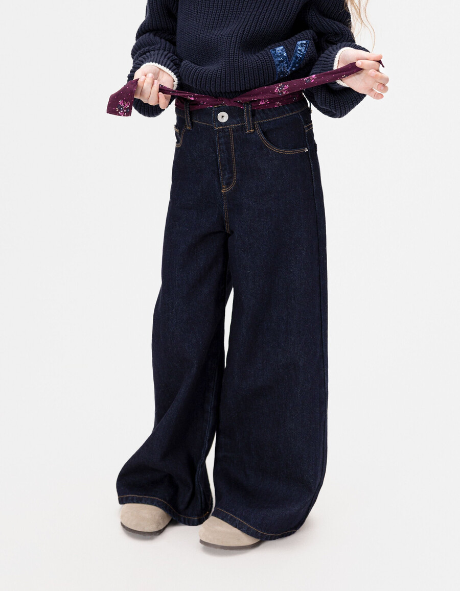 jeans blu a gamba larga per bambine con cintura a forma di sciarpa a bouquet