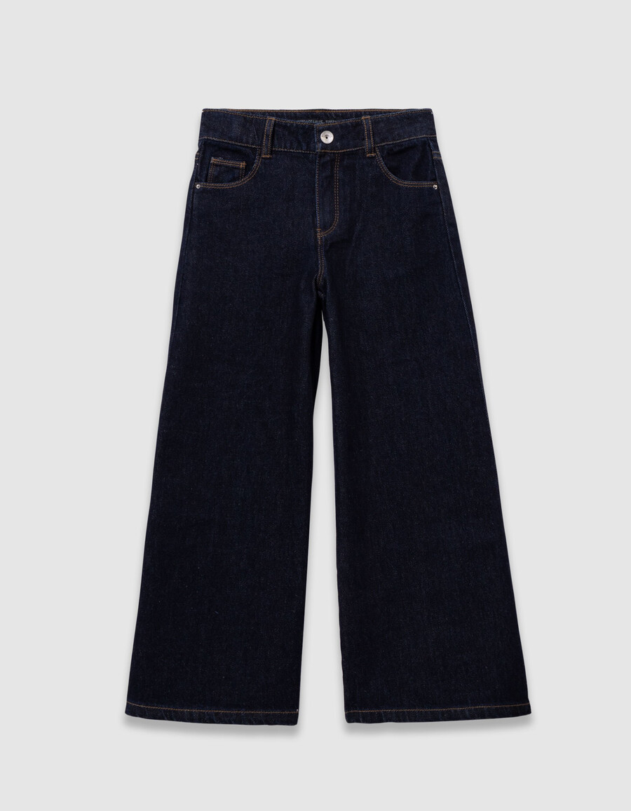 jeans blu a gamba larga per bambine con cintura a forma di sciarpa a bouquet