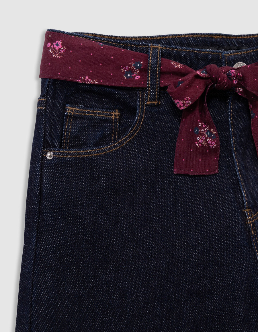 jeans blu a gamba larga per bambine con cintura a forma di sciarpa a bouquet