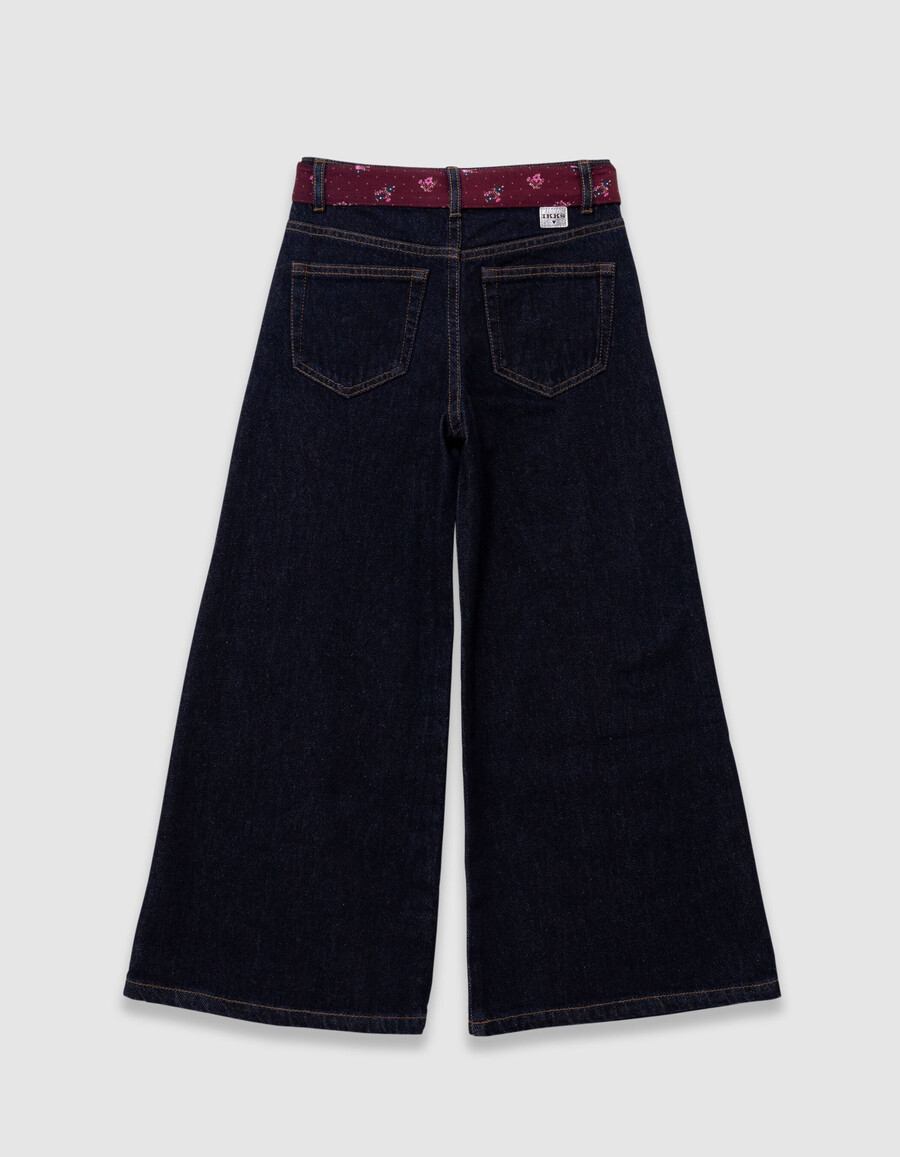 jeans blu a gamba larga per bambine con cintura a forma di sciarpa a bouquet