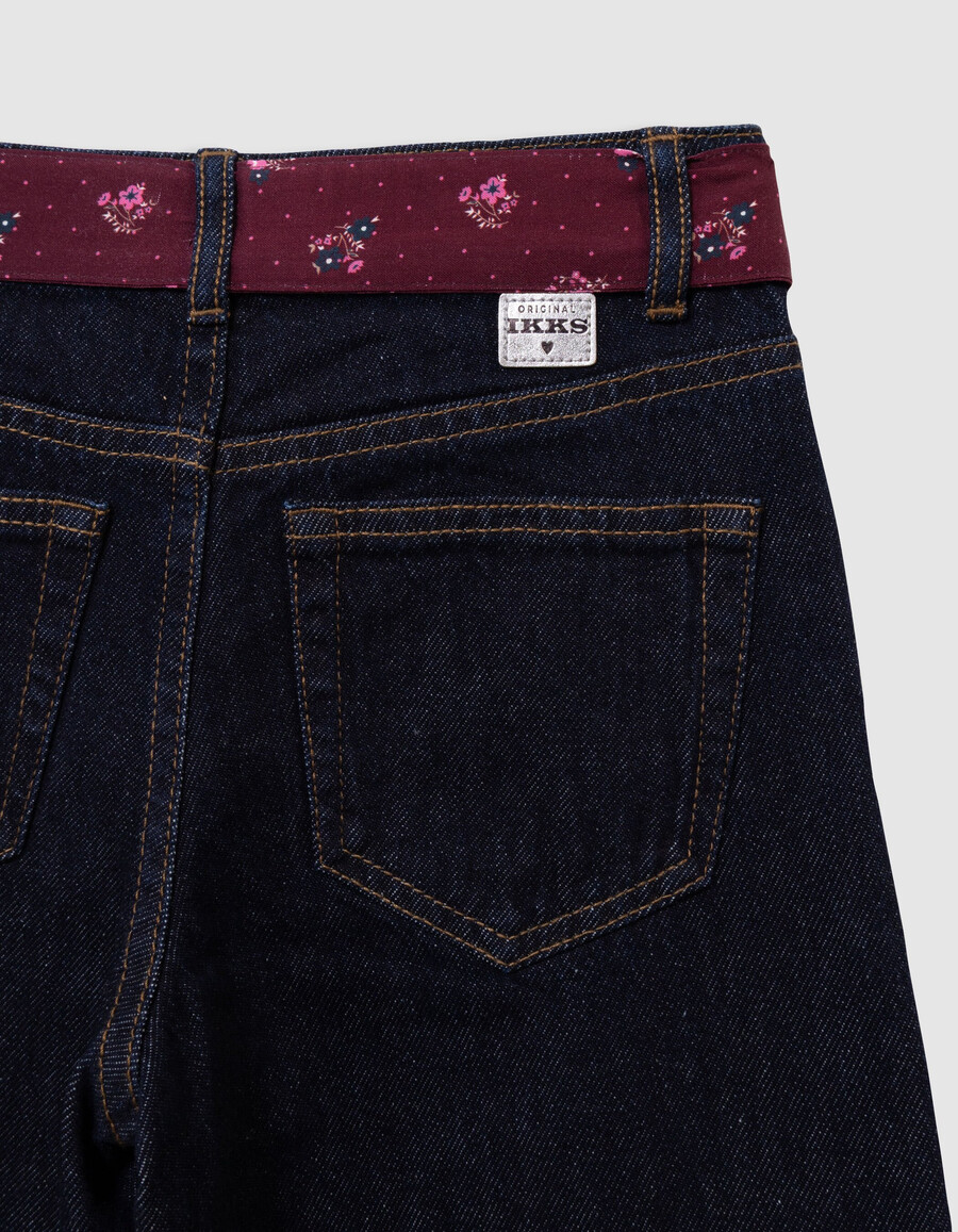 jeans blu a gamba larga per bambine con cintura a forma di sciarpa a bouquet