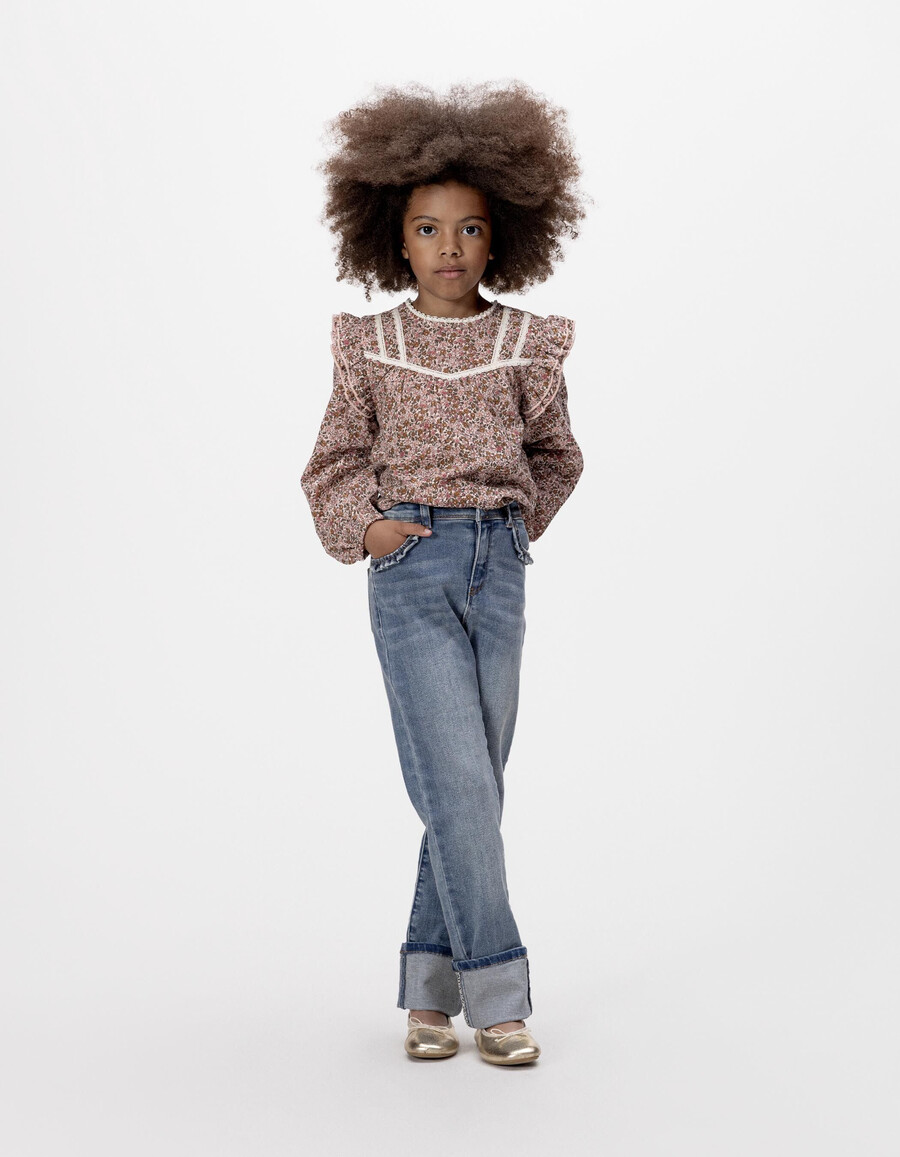 jeans dritti blu da bambina con tasche arricciate