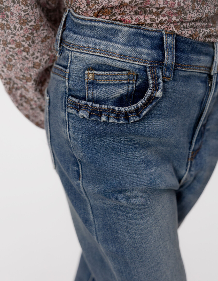 jeans dritti blu da bambina con tasche arricciate