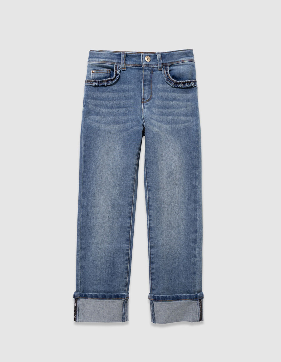 jeans dritti blu da bambina con tasche arricciate