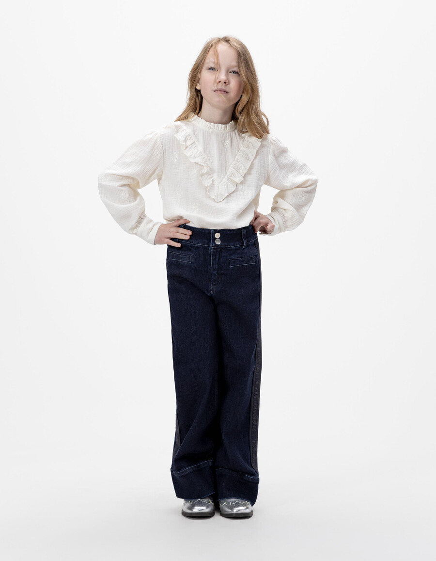 jeans blu a gamba larga per bambine con larghe fasce laterali