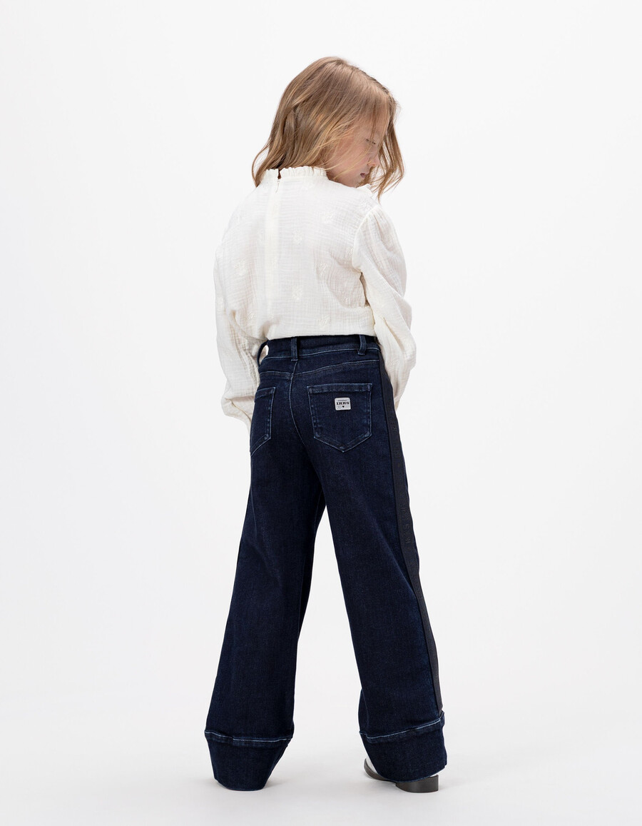jeans blu a gamba larga per bambine con larghe fasce laterali