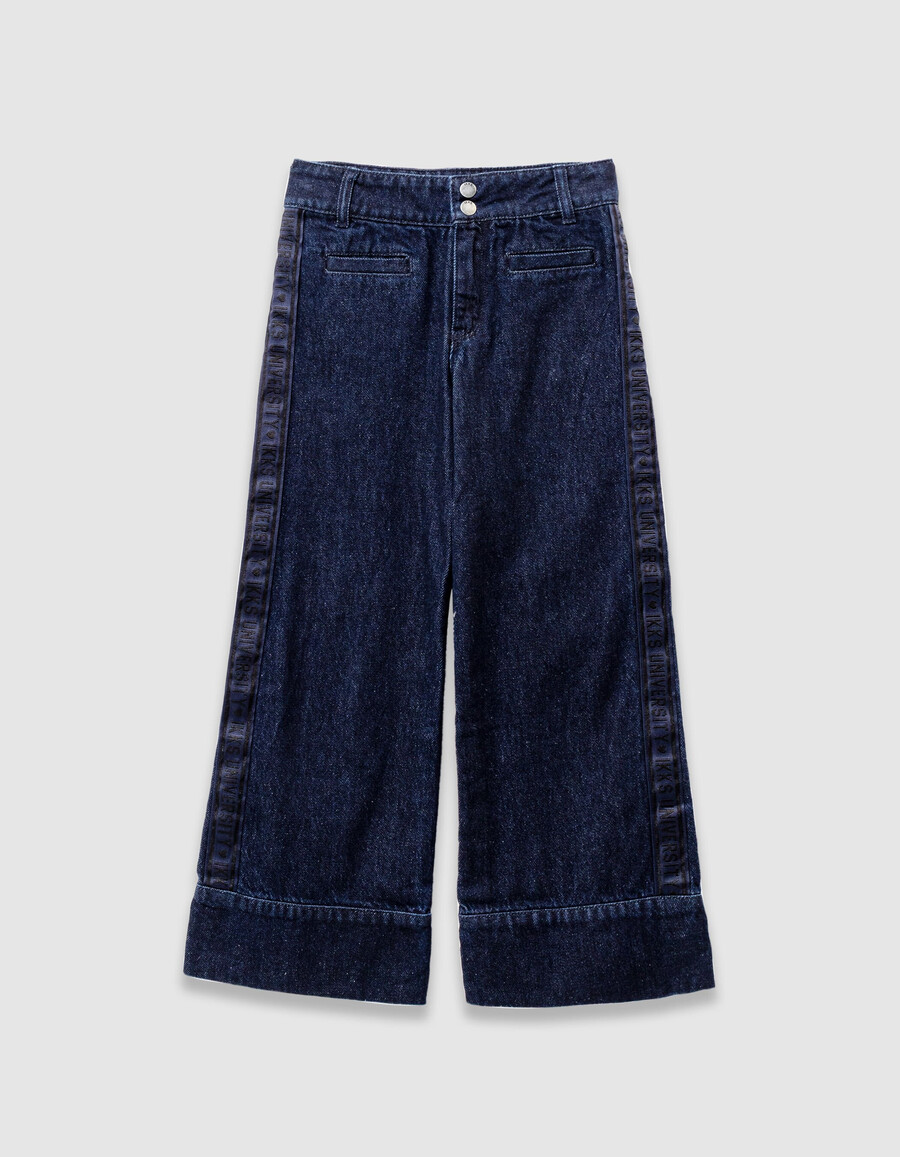jeans blu a gamba larga per bambine con larghe fasce laterali