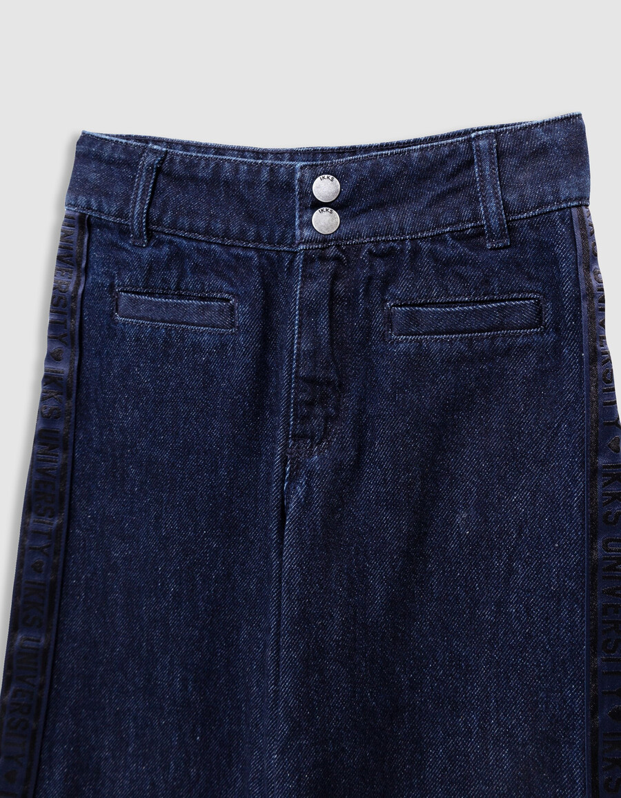 jeans blu a gamba larga per bambine con larghe fasce laterali