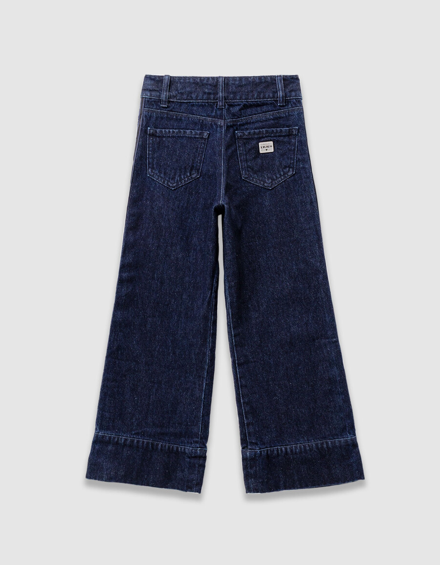 jeans blu a gamba larga per bambine con larghe fasce laterali