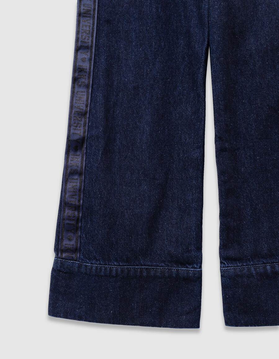 jeans blu a gamba larga per bambine con larghe fasce laterali