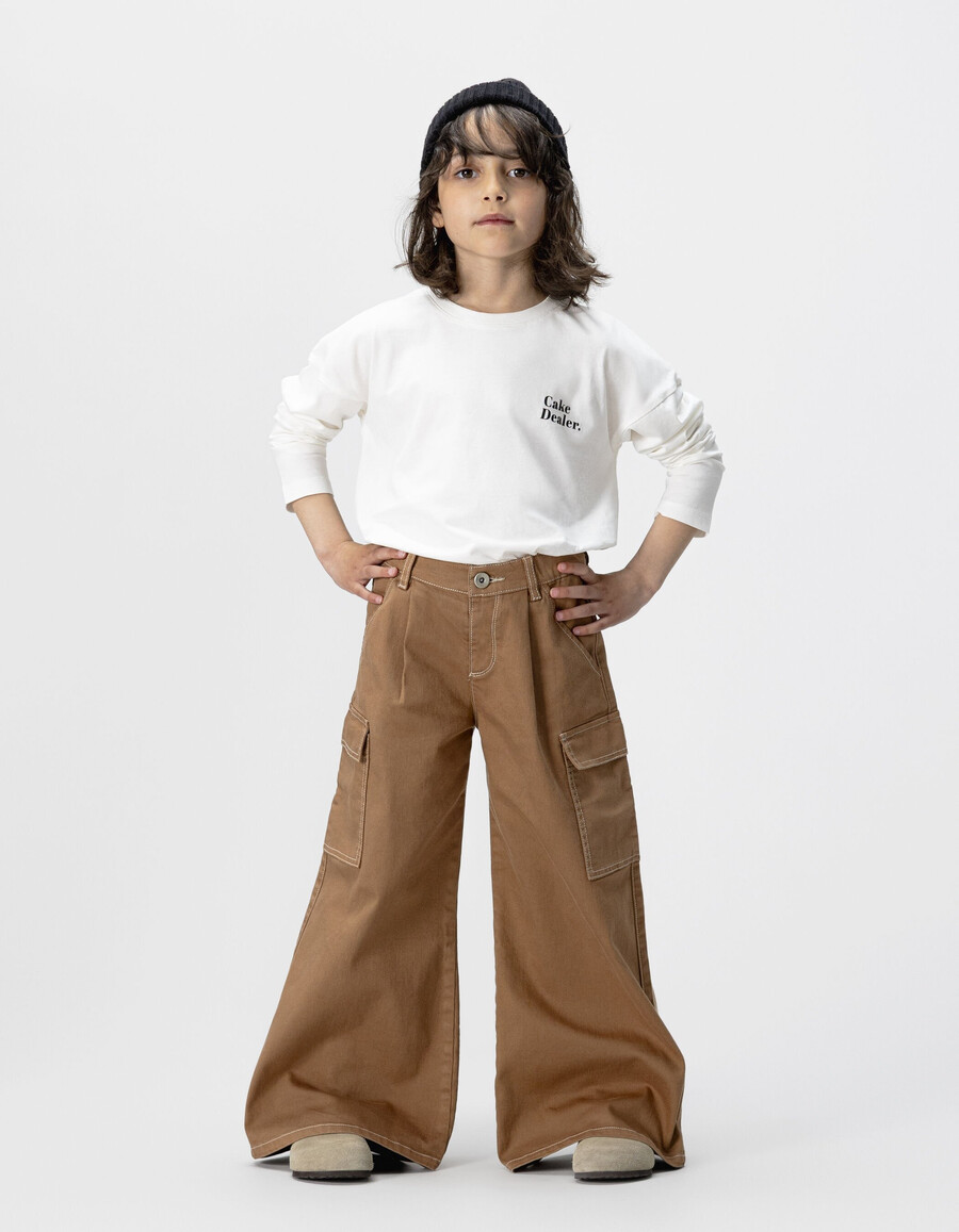 jeans a gamba larga stile cargo color cammello per ragazze