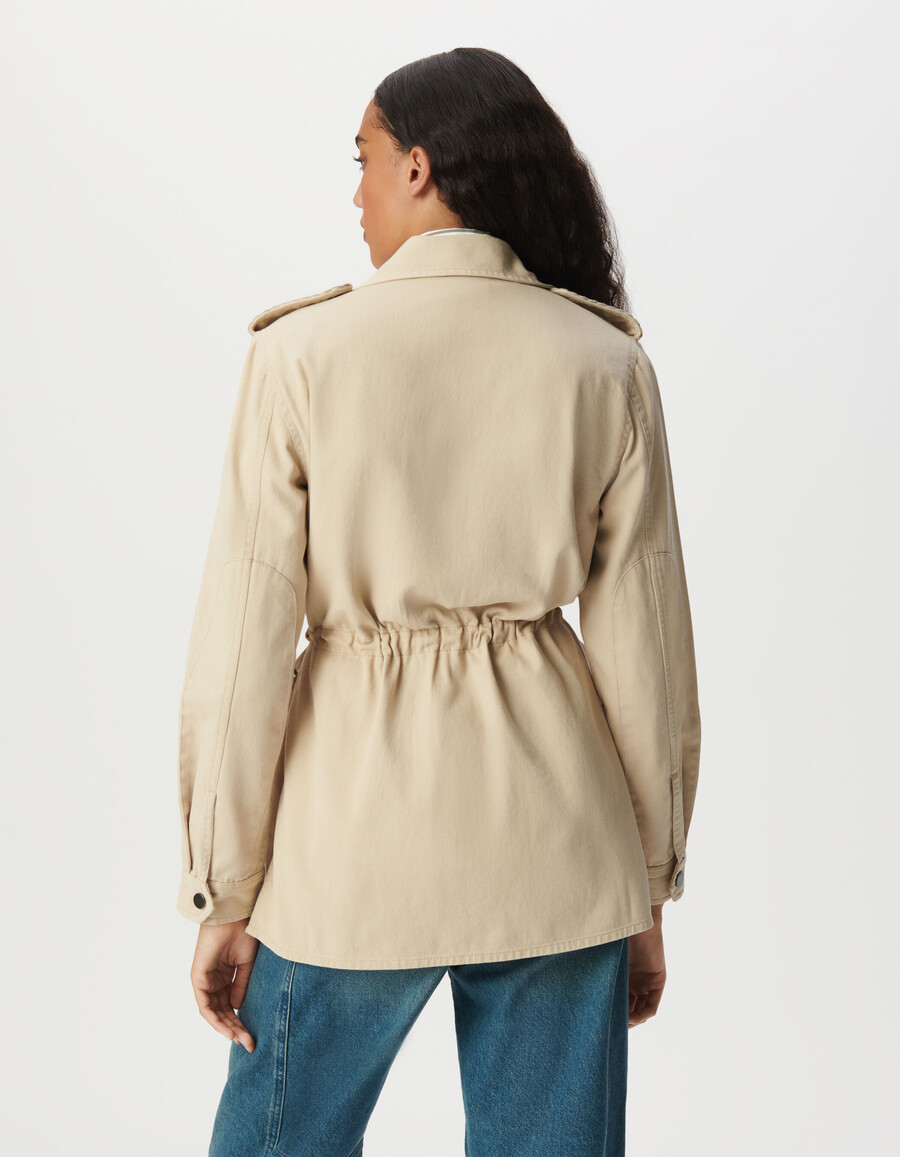 giacca safari beige da donna con ricamo sulle spalle