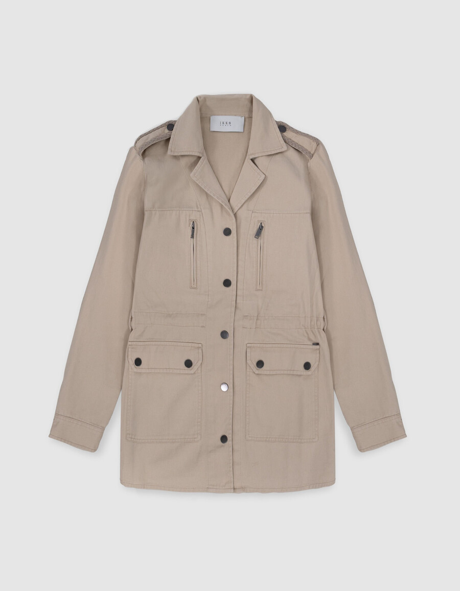 giacca safari beige da donna con ricamo sulle spalle
