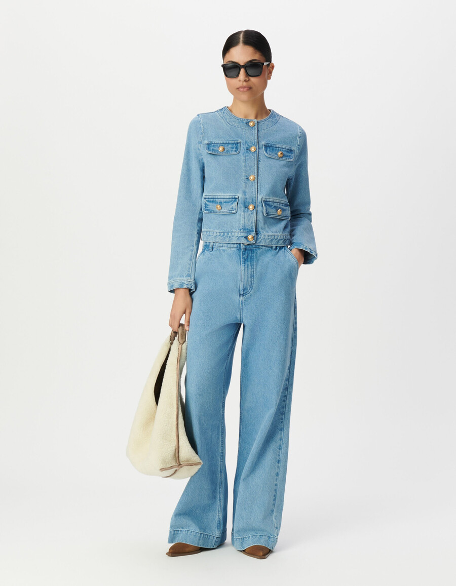 giacca senza colletto in denim blu senza acqua da donna