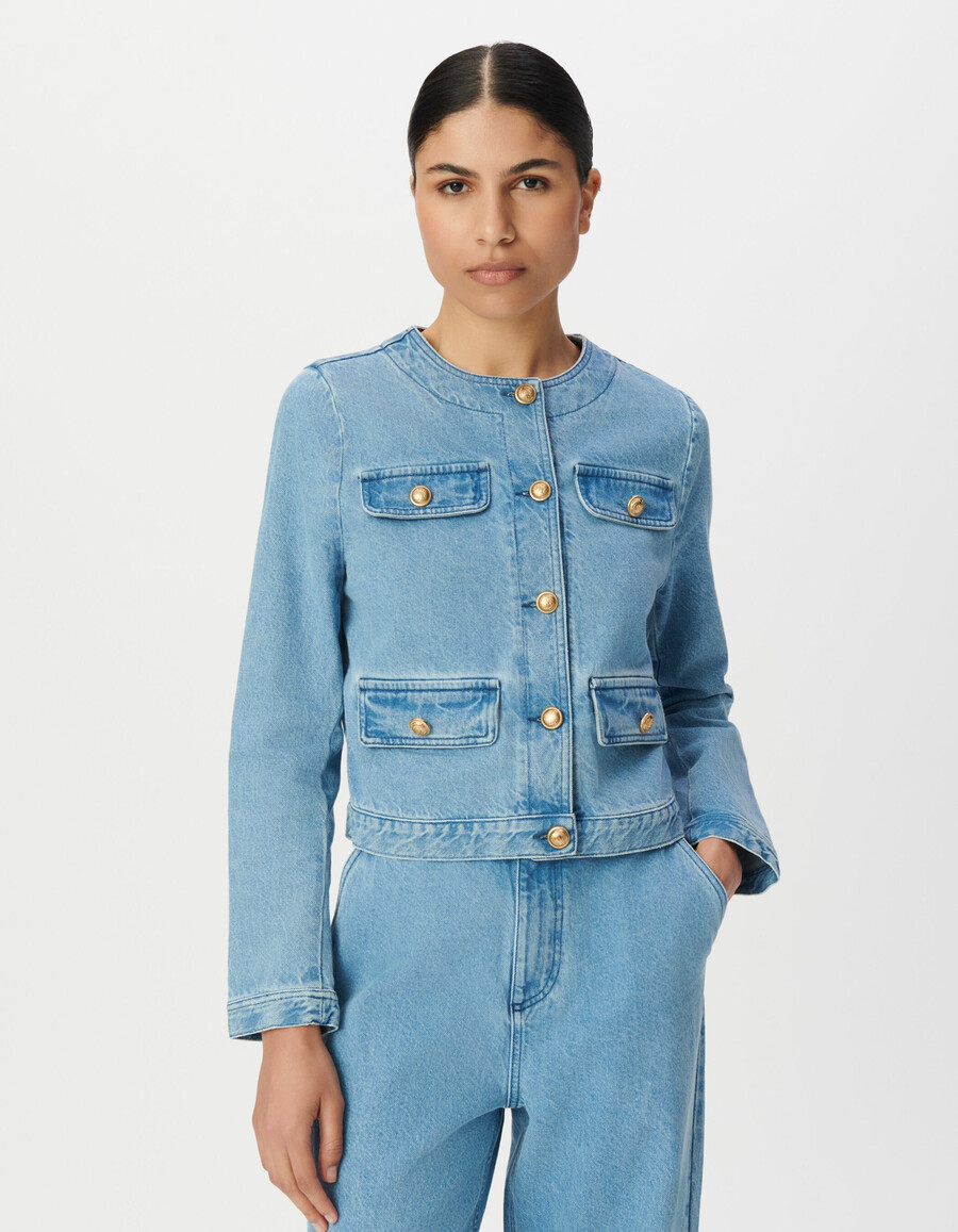 giacca senza colletto in denim blu senza acqua da donna