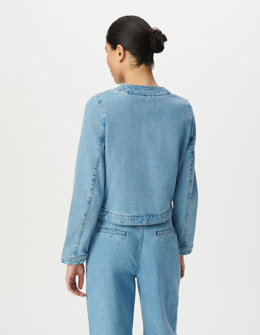 giacca senza colletto in denim blu senza acqua da donna