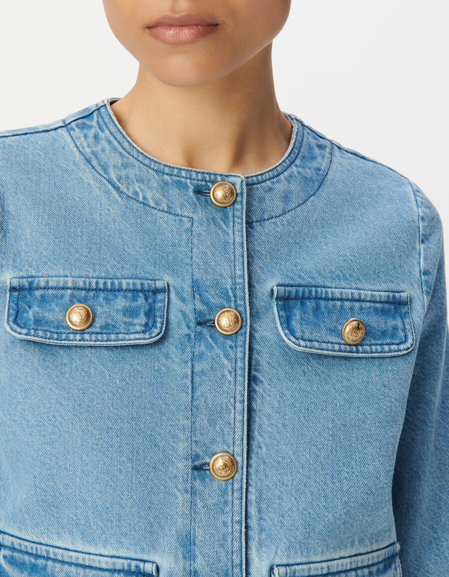 giacca senza colletto in denim blu senza acqua da donna