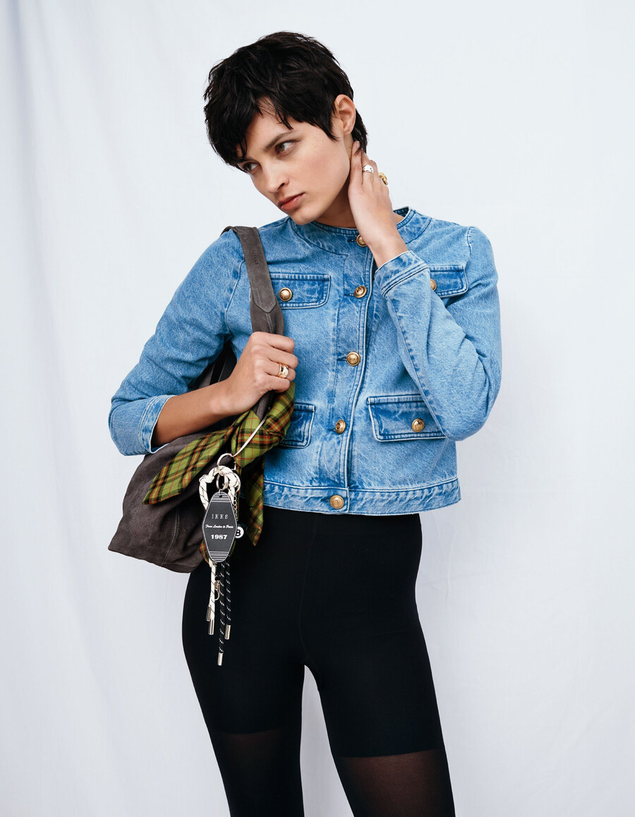 giacca senza colletto in denim blu senza acqua da donna