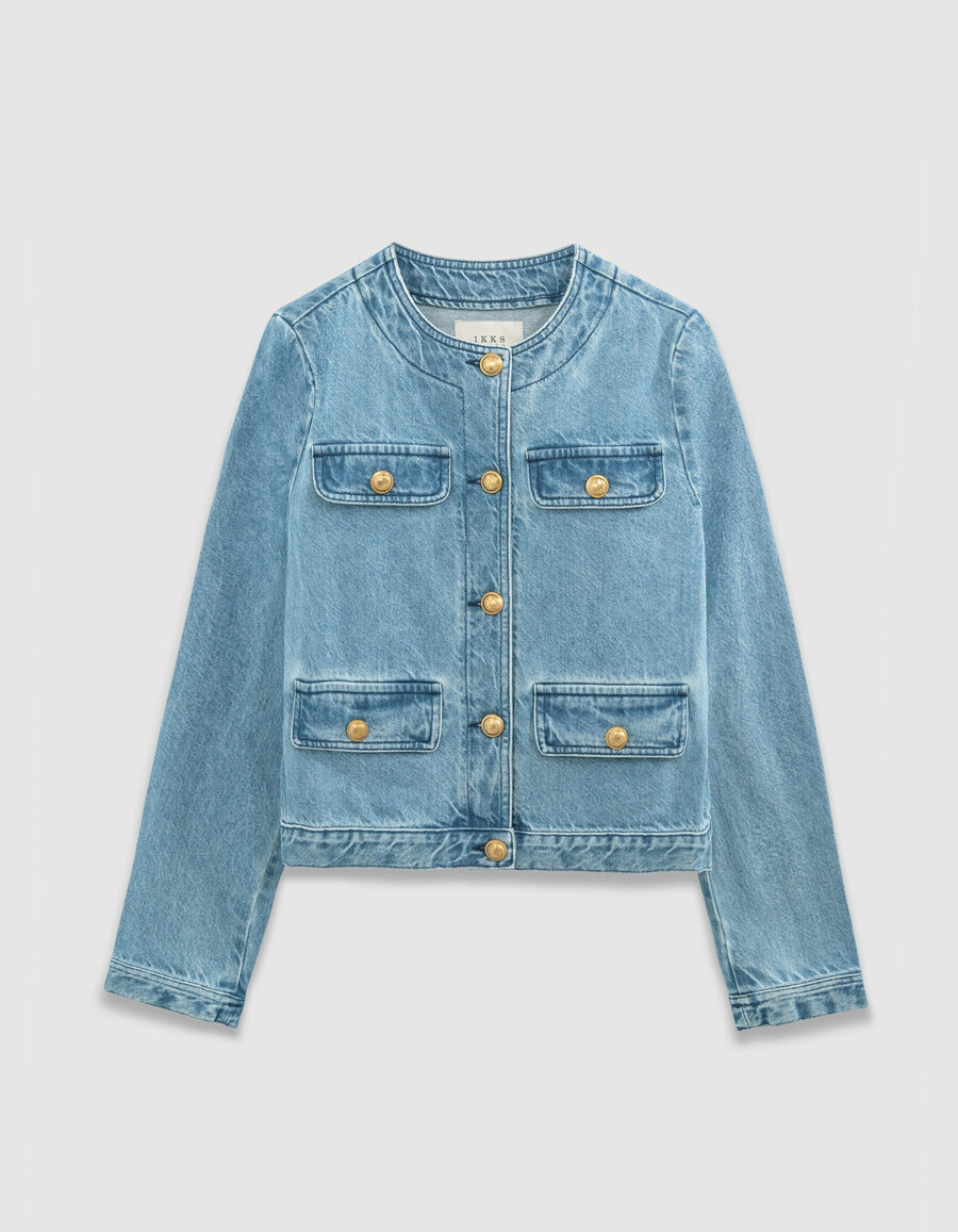 giacca senza colletto in denim blu senza acqua da donna