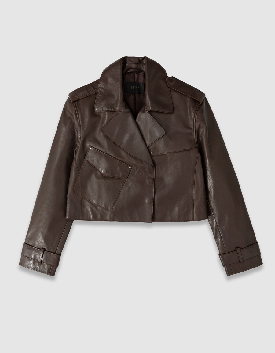 giacca corta in pelle marrone da donna in stile trench