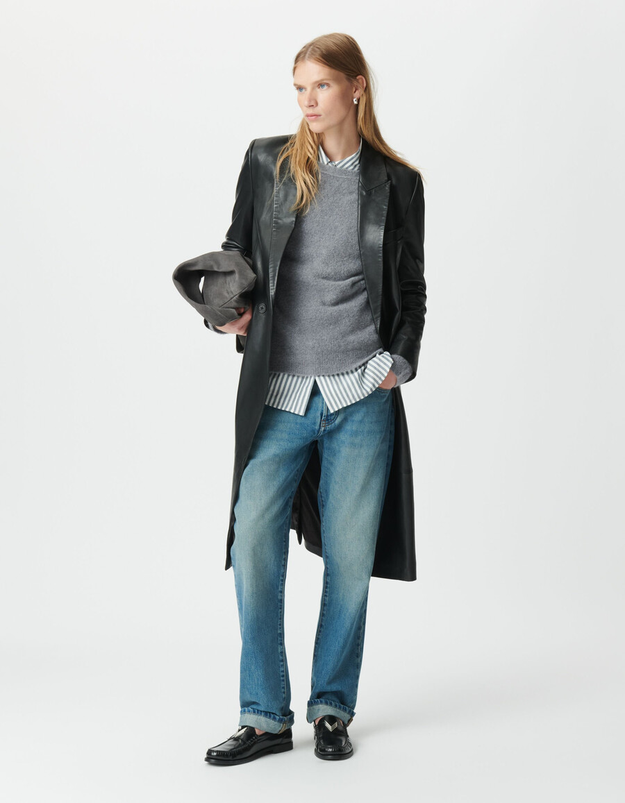 cappotto lungo oversize in pelle nera da donna