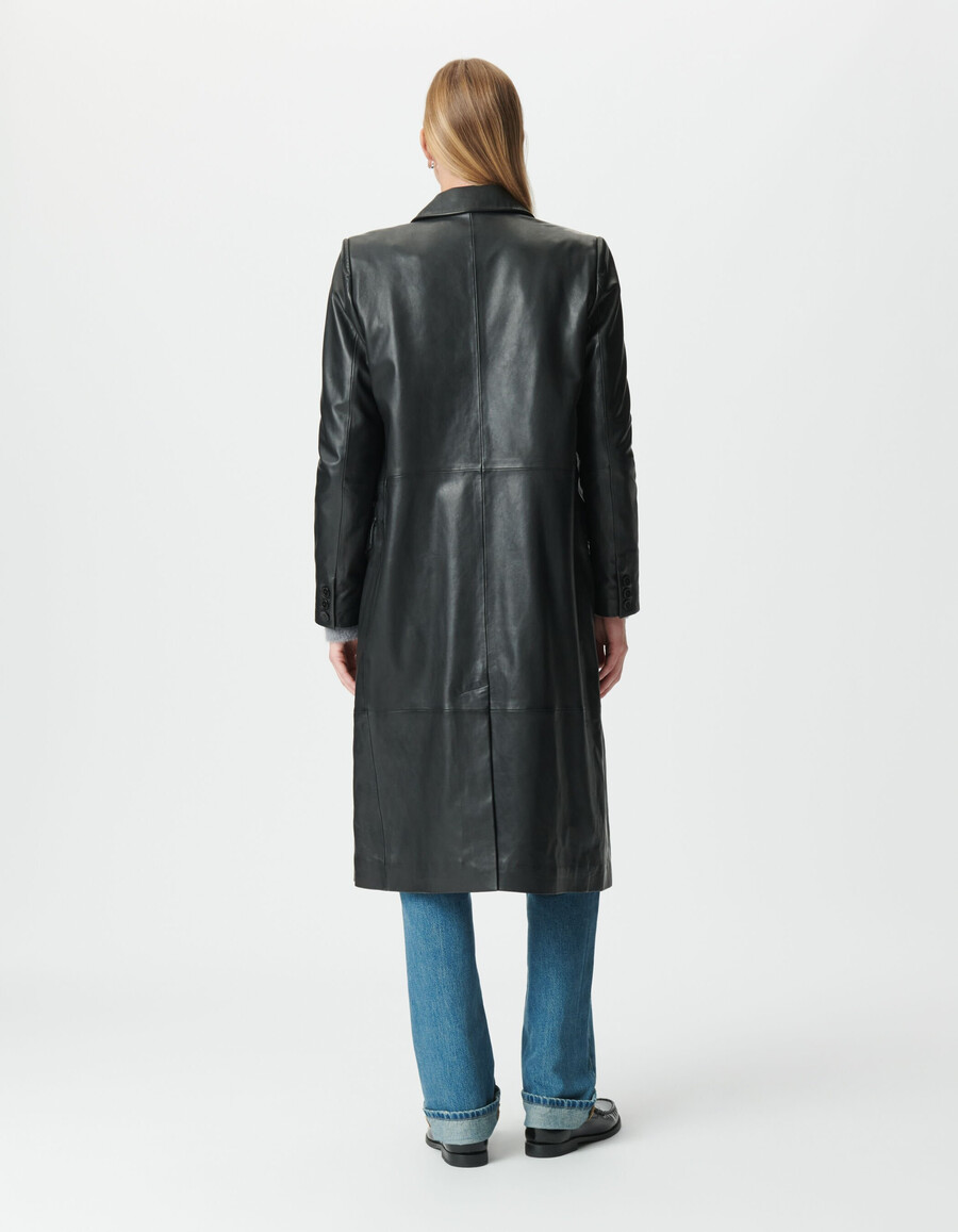 cappotto lungo oversize in pelle nera da donna