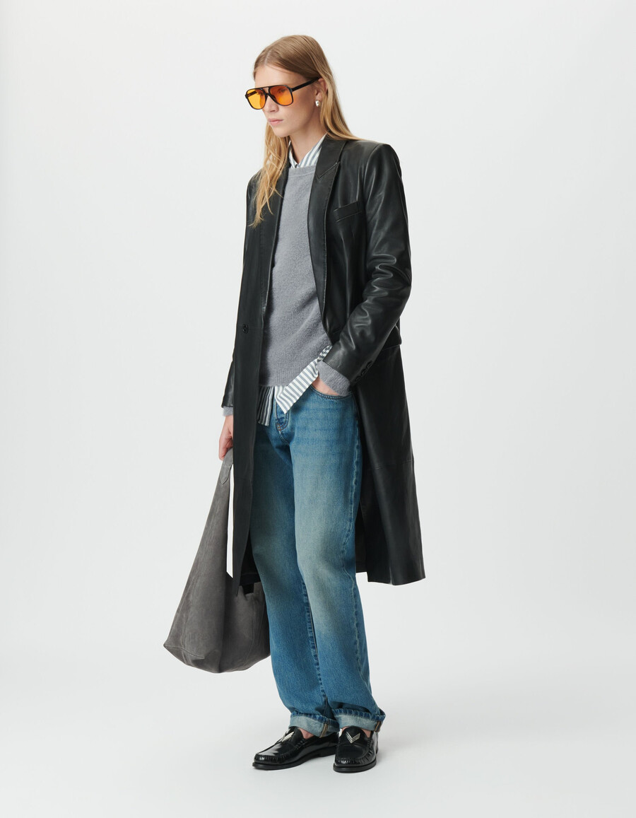 cappotto lungo oversize in pelle nera da donna