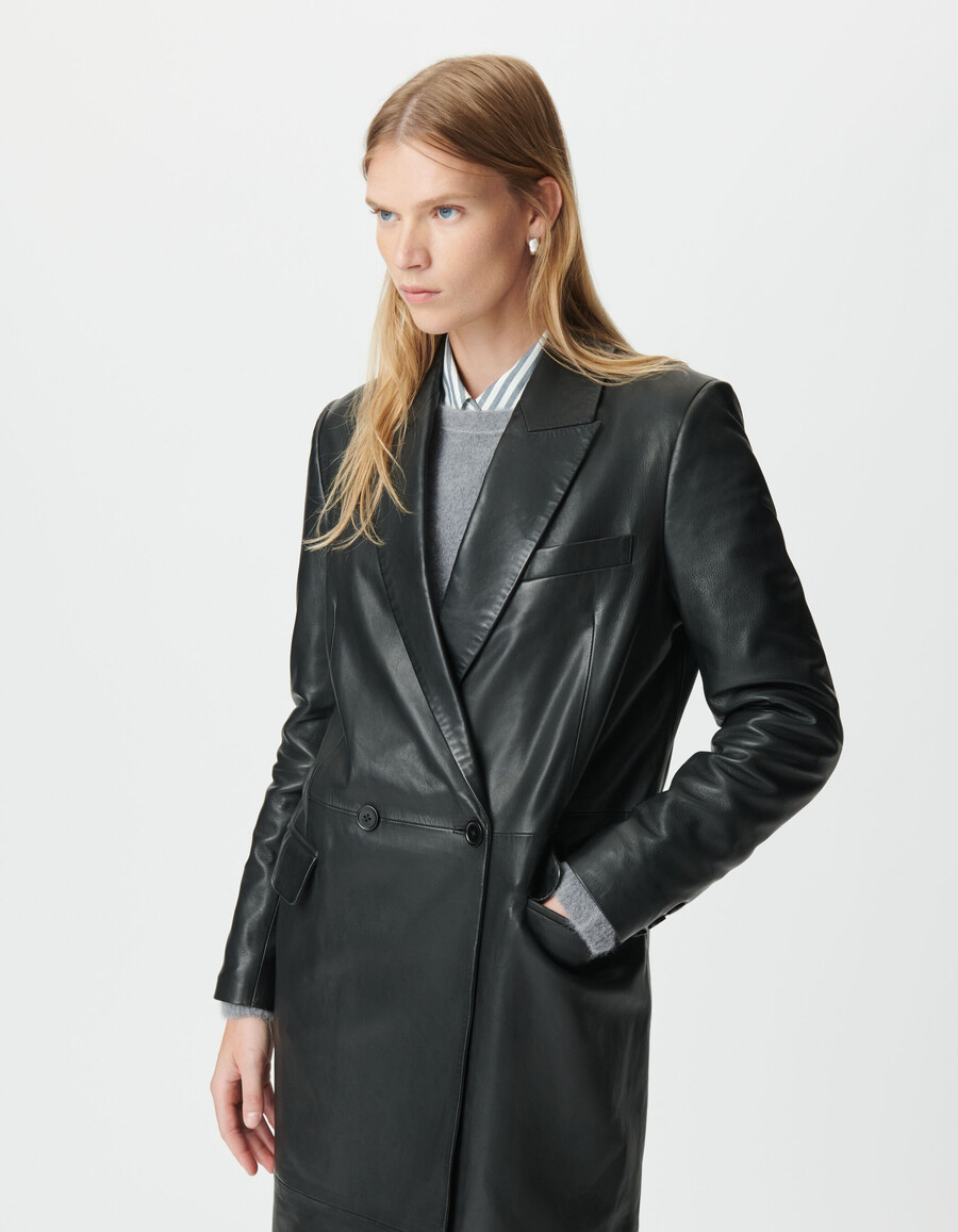cappotto lungo oversize in pelle nera da donna