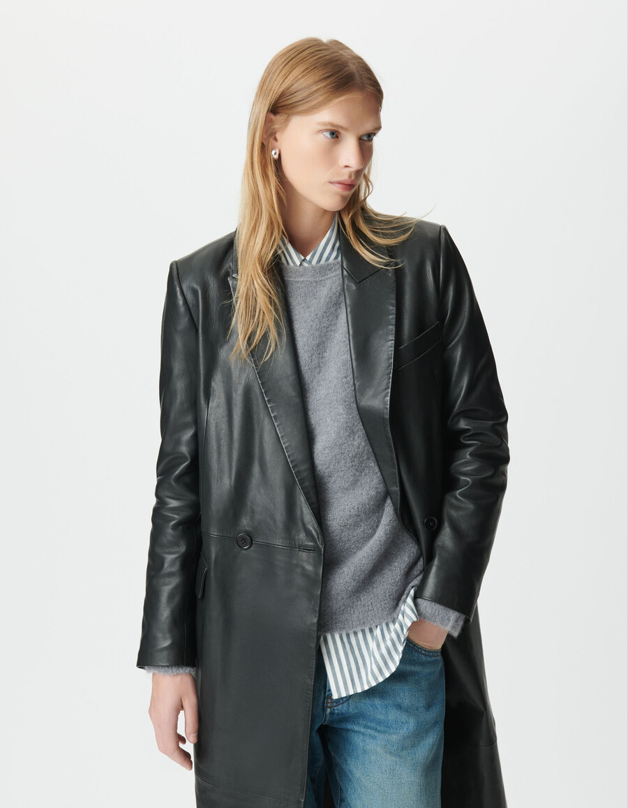 cappotto lungo oversize in pelle nera da donna
