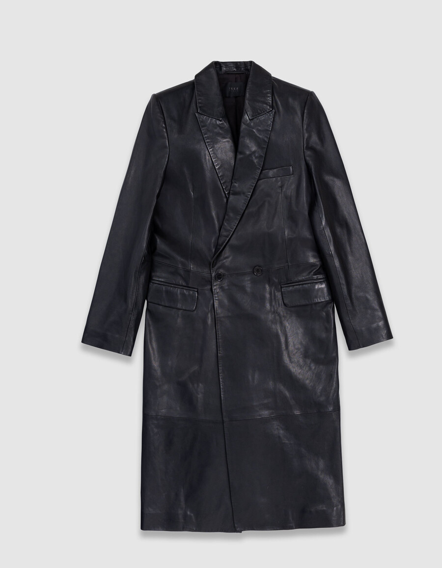 cappotto lungo oversize in pelle nera da donna