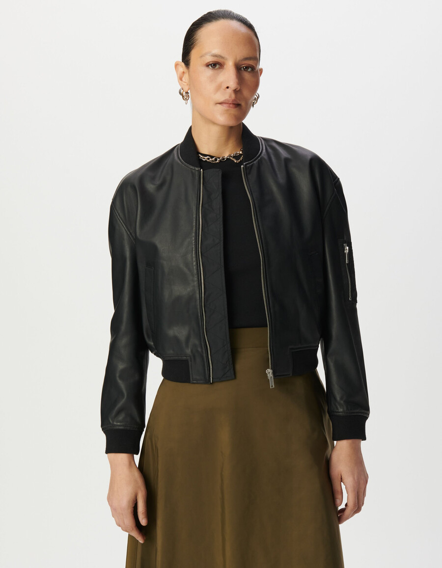 giubbotto bomber oversize in pelle nera da donna