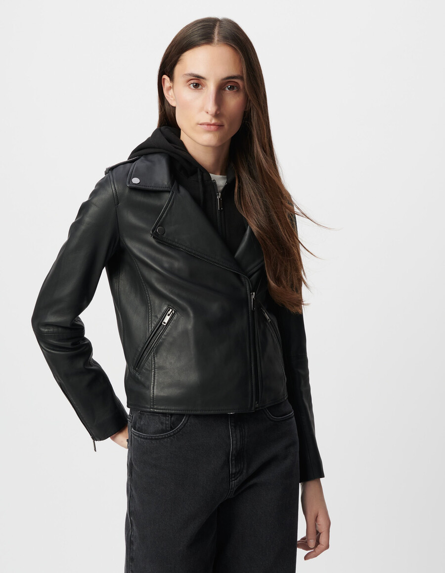 giacca da motociclista in pelle nera da donna con cappuccio staccabile