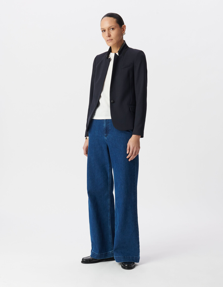 giacca da abito blu navy da donna con colletto decorato
