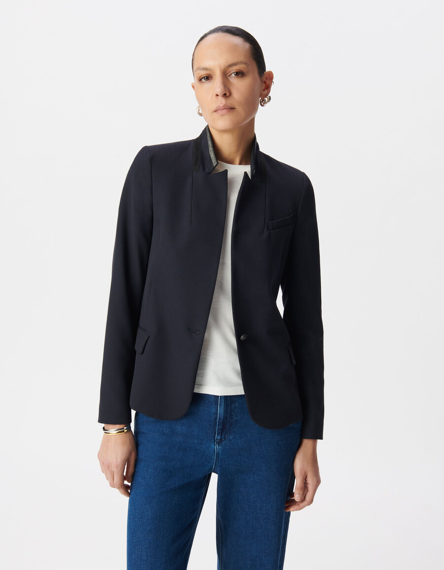 giacca da abito blu navy da donna con colletto decorato