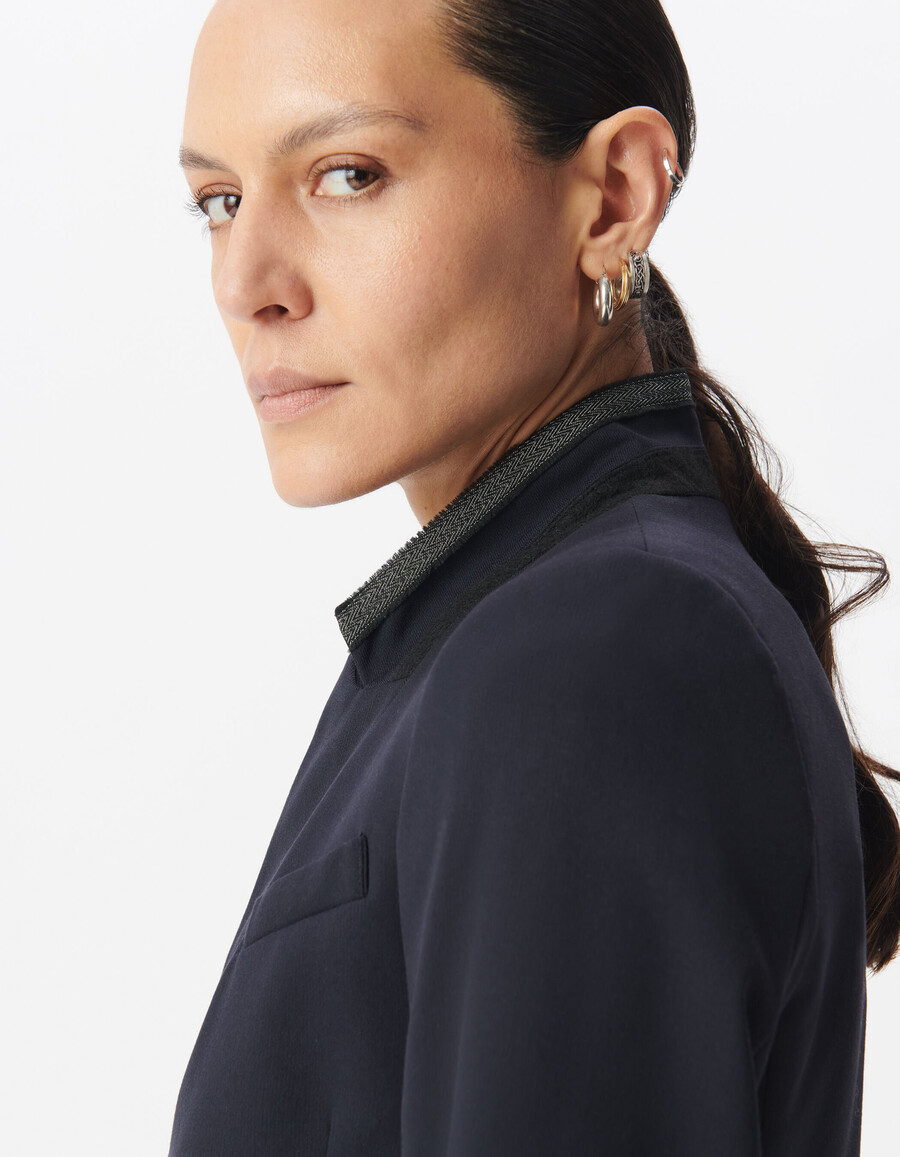 giacca da abito blu navy da donna con colletto decorato