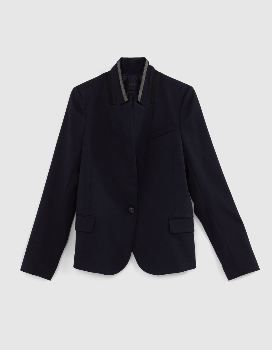 giacca da abito blu navy da donna con colletto decorato