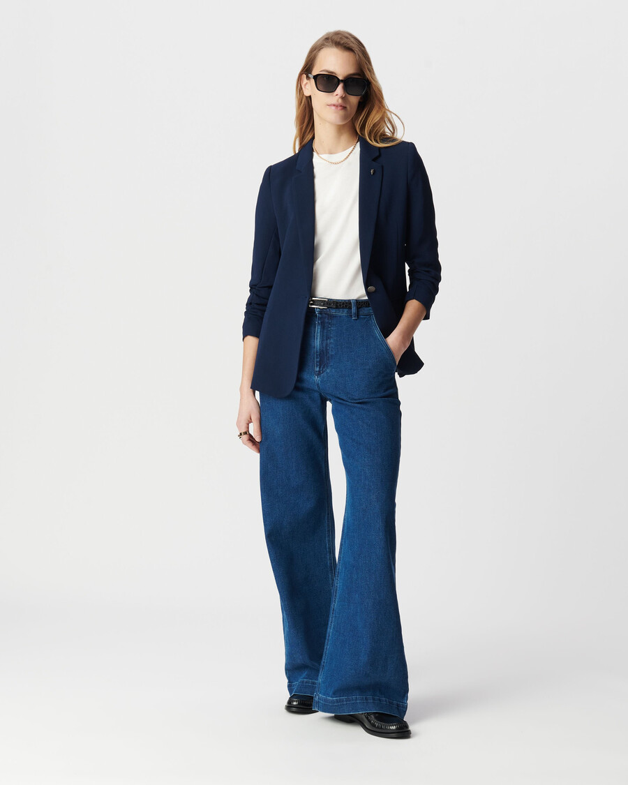 giacca da abito blu navy con maniche arricciate a 34 da donna