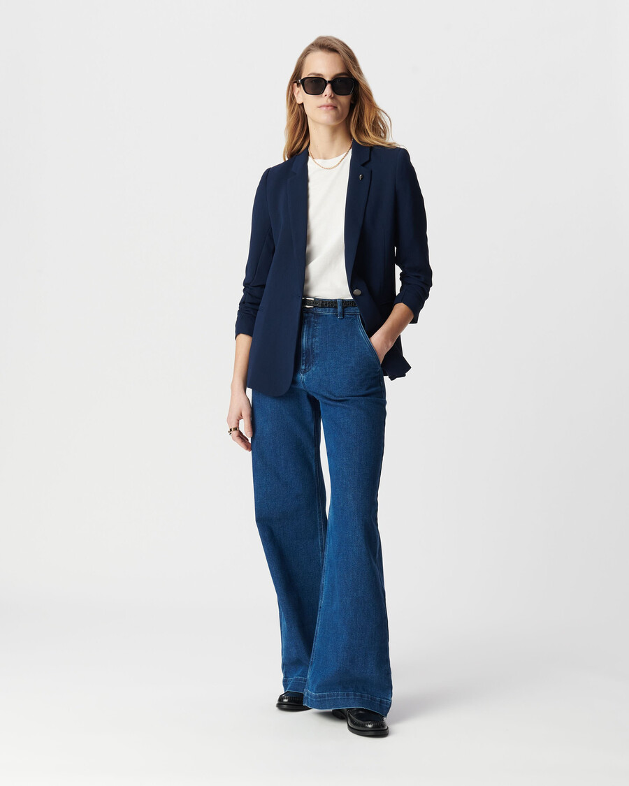giacca da abito blu navy con maniche arricciate a 34 da donna