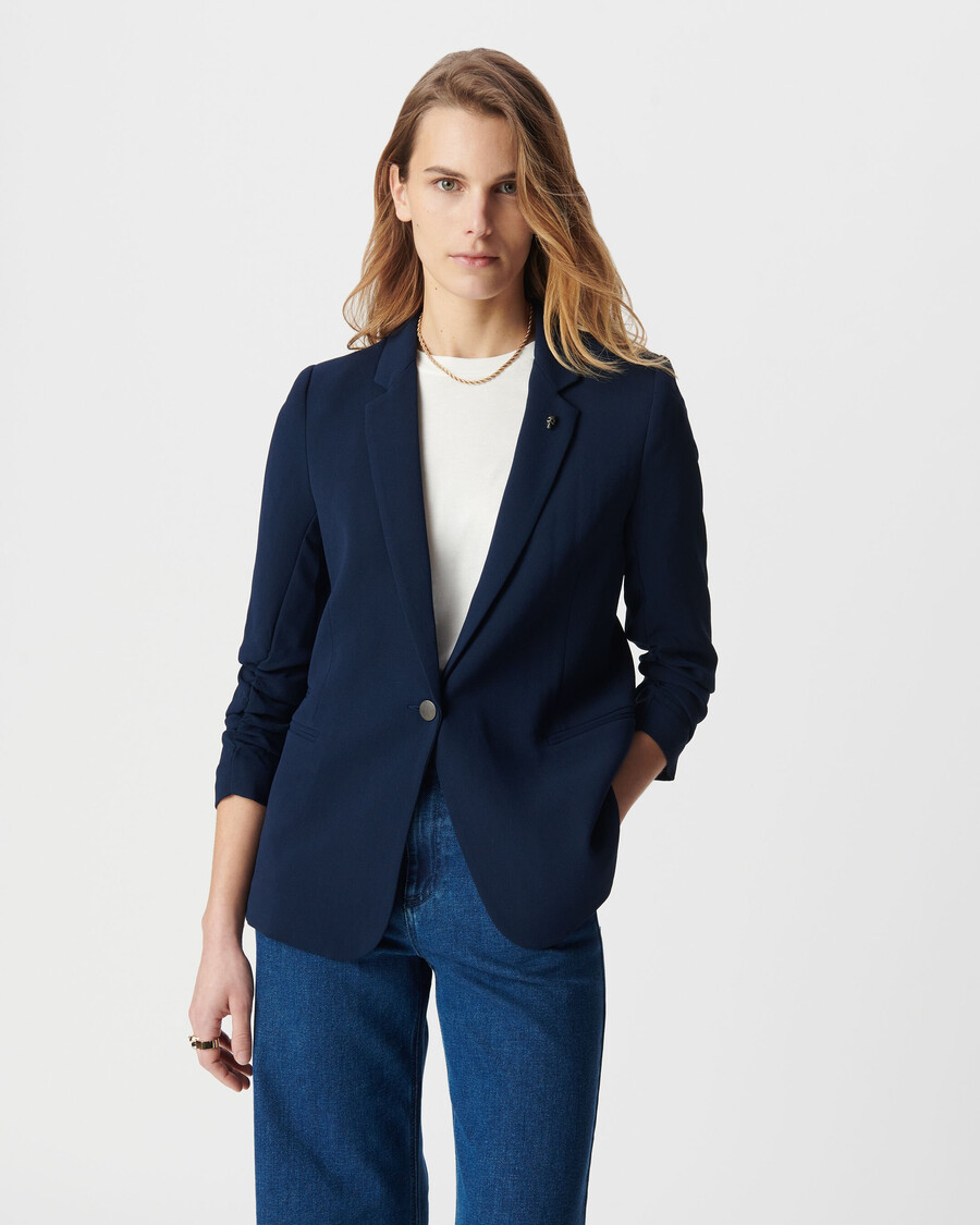 giacca da abito blu navy con maniche arricciate a 34 da donna