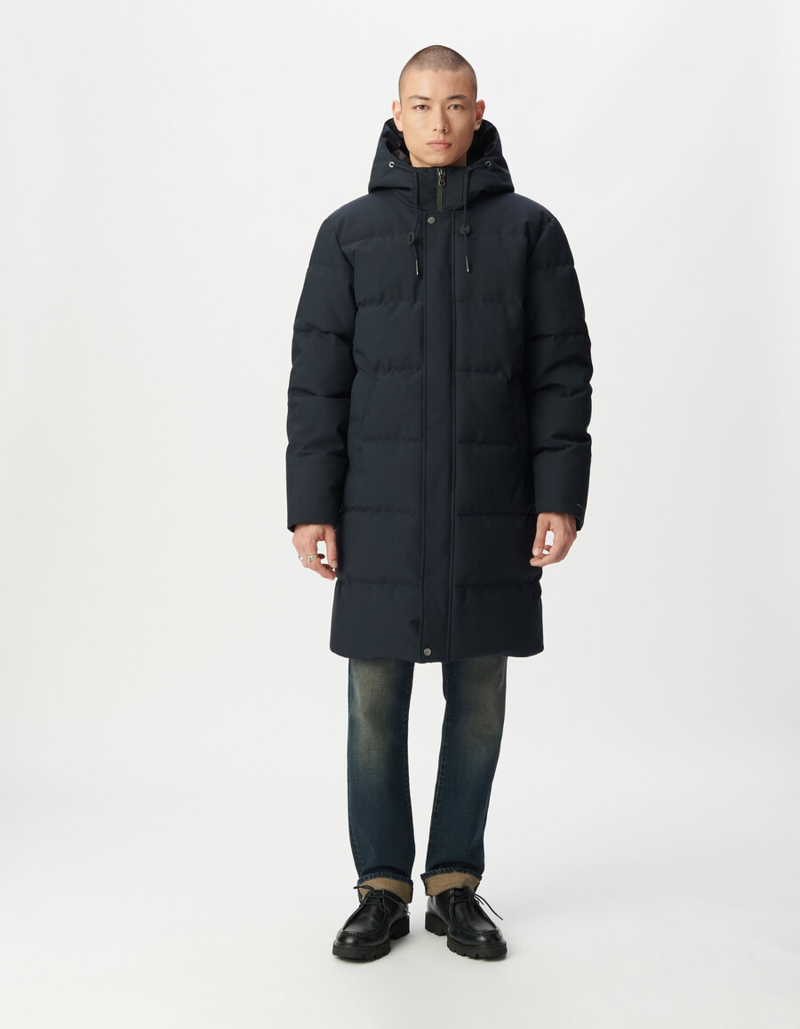 giacca lunga imbottita impermeabile trapuntata da uomo blu navy