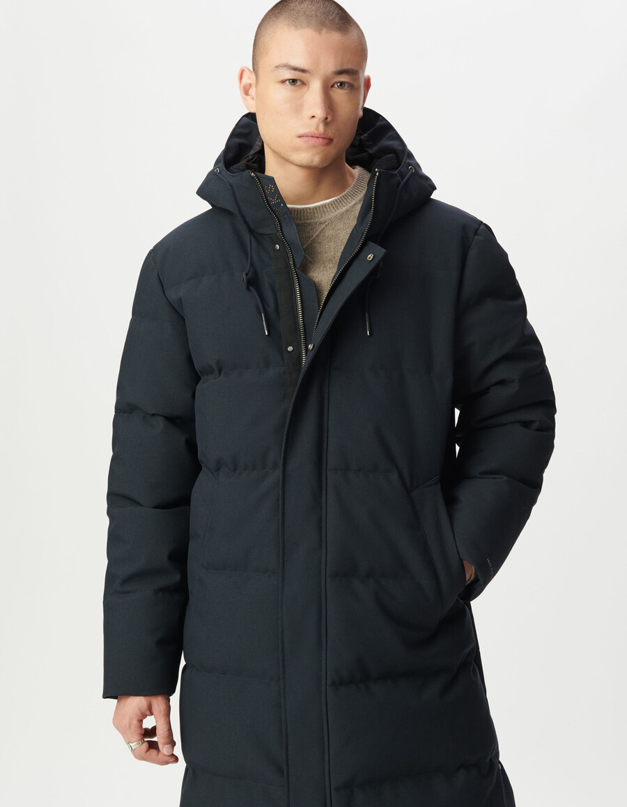 giacca lunga imbottita impermeabile trapuntata da uomo blu navy