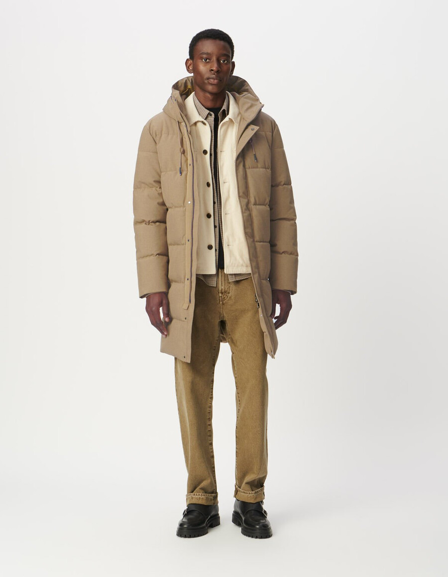 giacca imbottita lunga impermeabile trapuntata beige da uomo