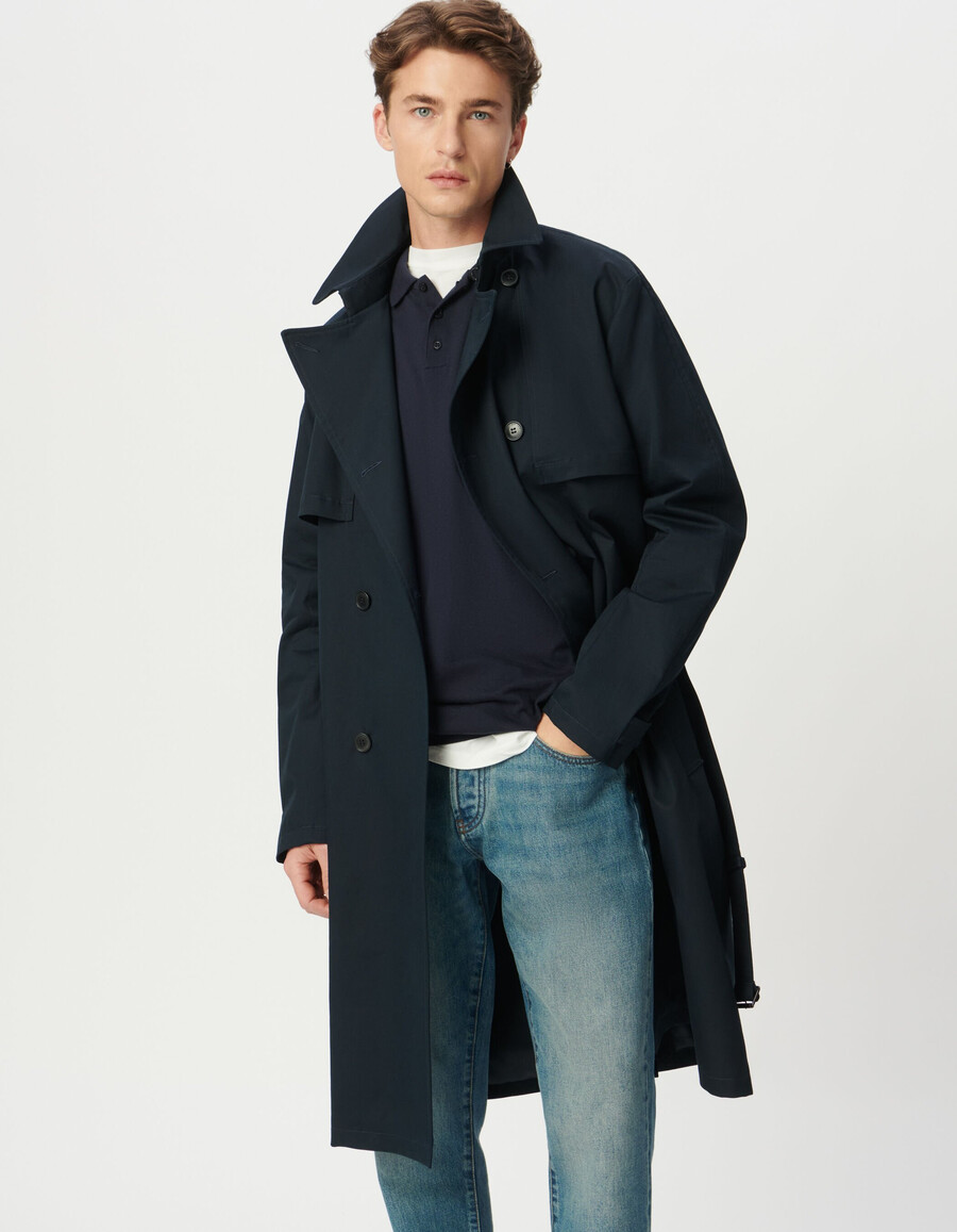 trench lungo blu navy da uomo con cintura