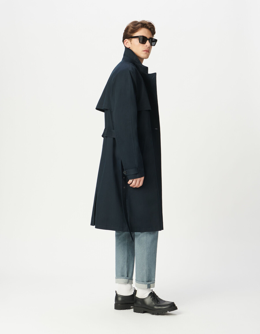 trench lungo blu navy da uomo con cintura