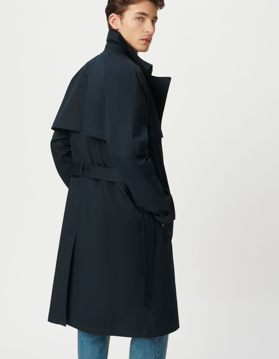 trench lungo blu navy da uomo con cintura