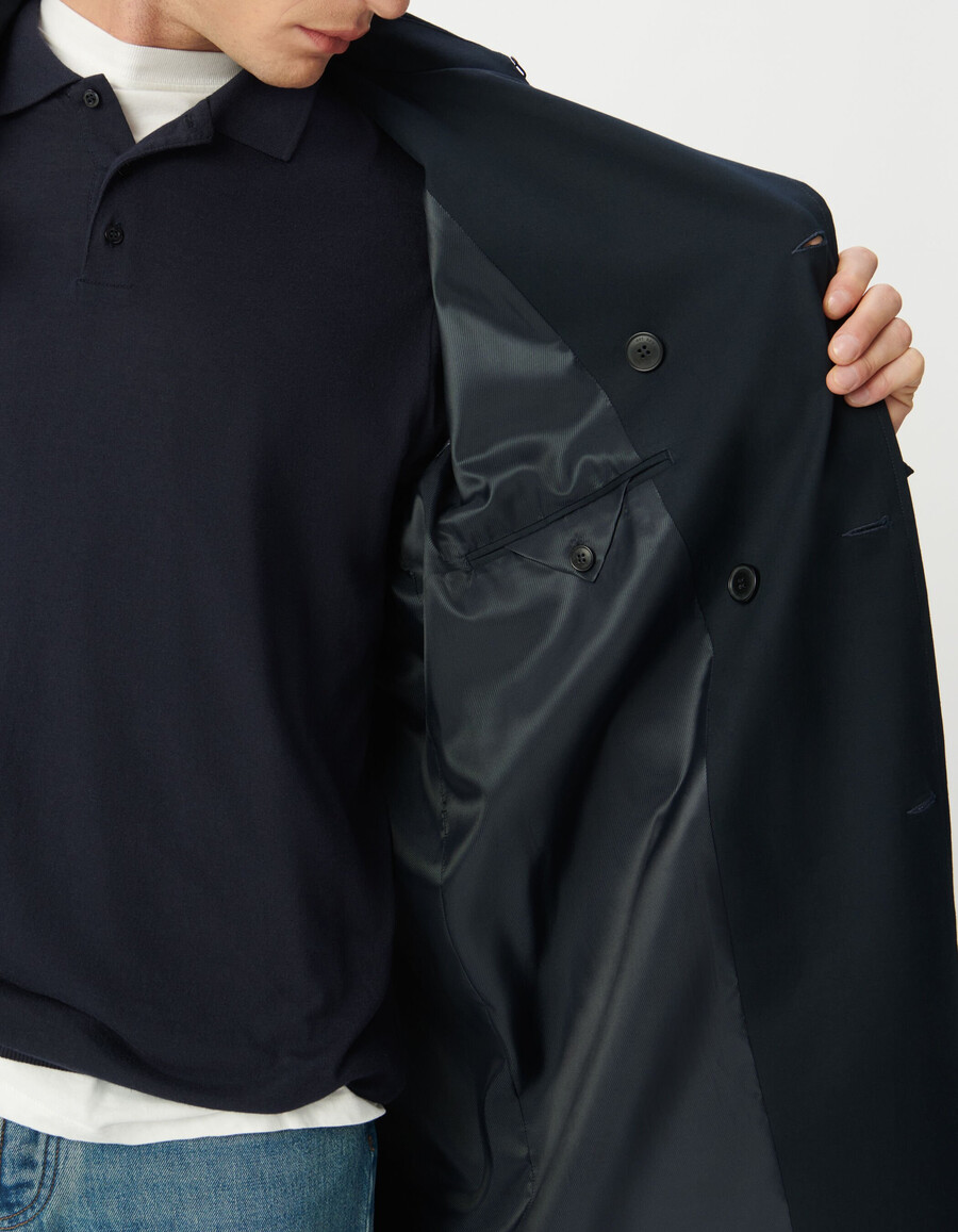 trench lungo blu navy da uomo con cintura